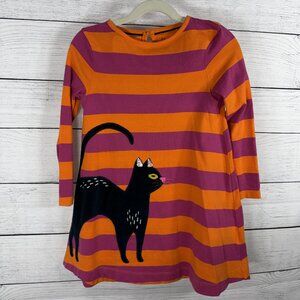 Mini Boden Orange Pink Striped Long Sleeve Dress Cat Applique Sz 5-6